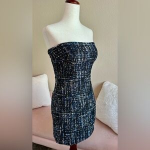 Superdown Nanea Mini Dress Strapless Blue Black Tweed Metallic Women’s S Party